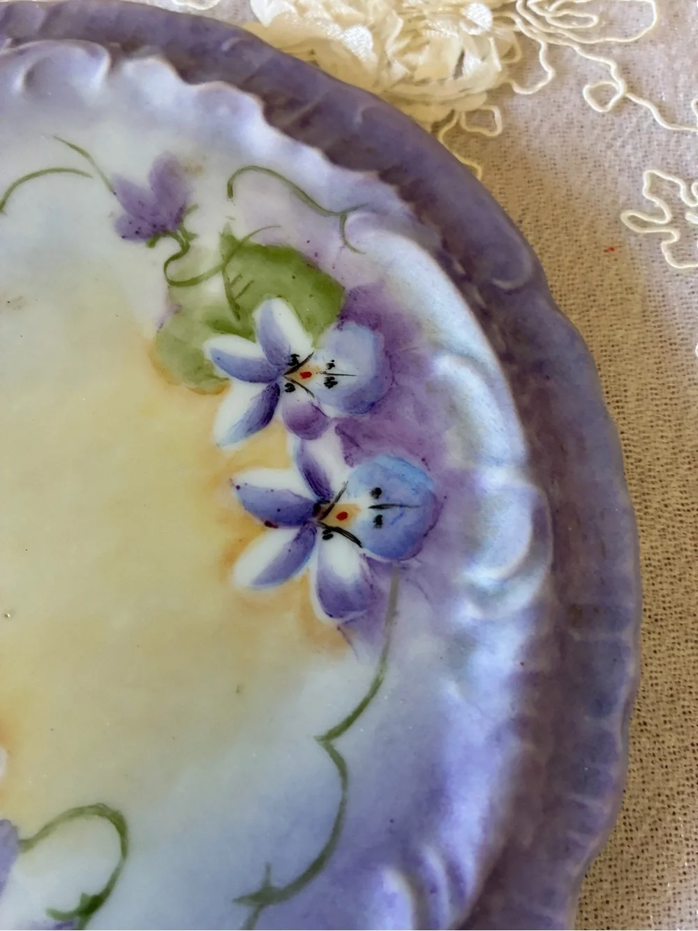 Hand-Painted Floral Decorative Plate in Lavender and Yellow